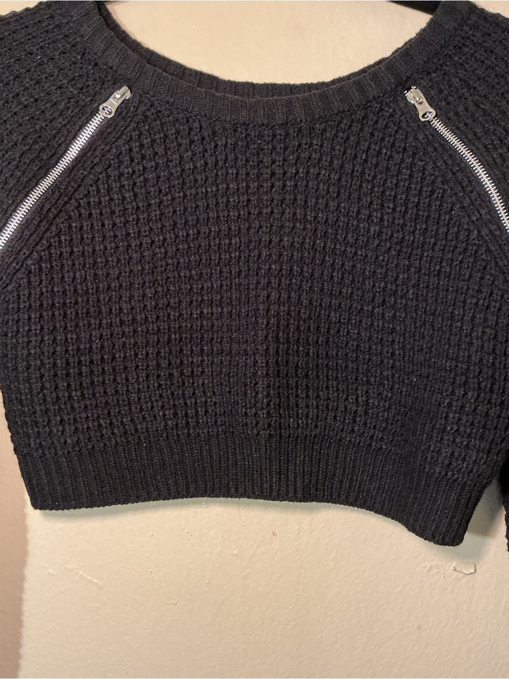 Aqua Black Cropped Waffle-Knit Crew Sweater with Silver Zippers - Picture 8 of 8